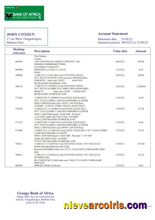 Burkina Faso Bank of Africa bank statement, Word and PDF format